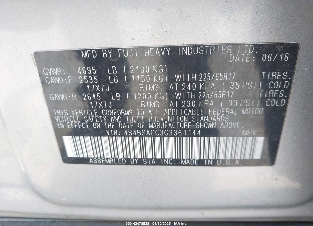 2016 SUBARU OUTBACK 2.5I PREMIUM VIN: 4S4BSACC3G3361144