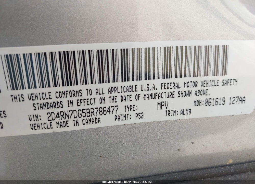 2011 DODGE GRAND CARAVAN R/T VIN: 2D4RN7DG5BR786477