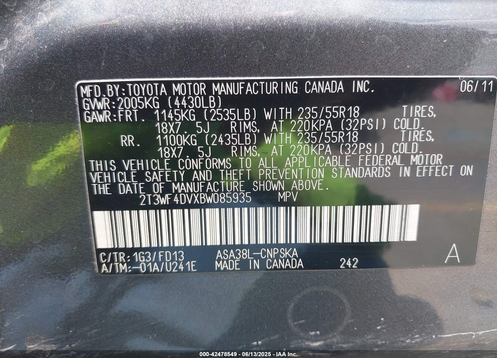 2011 TOYOTA RAV4 VIN: 2T3WF4DVXBW085935