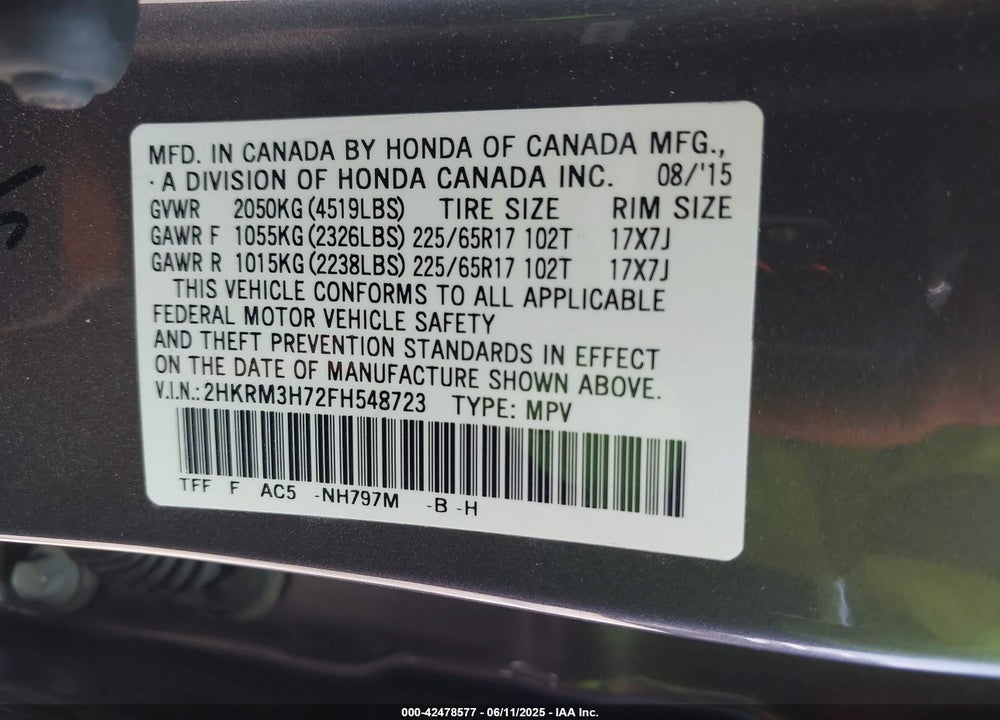 2015 HONDA CR-V EX-L VIN: 2HKRM3H72FH548723