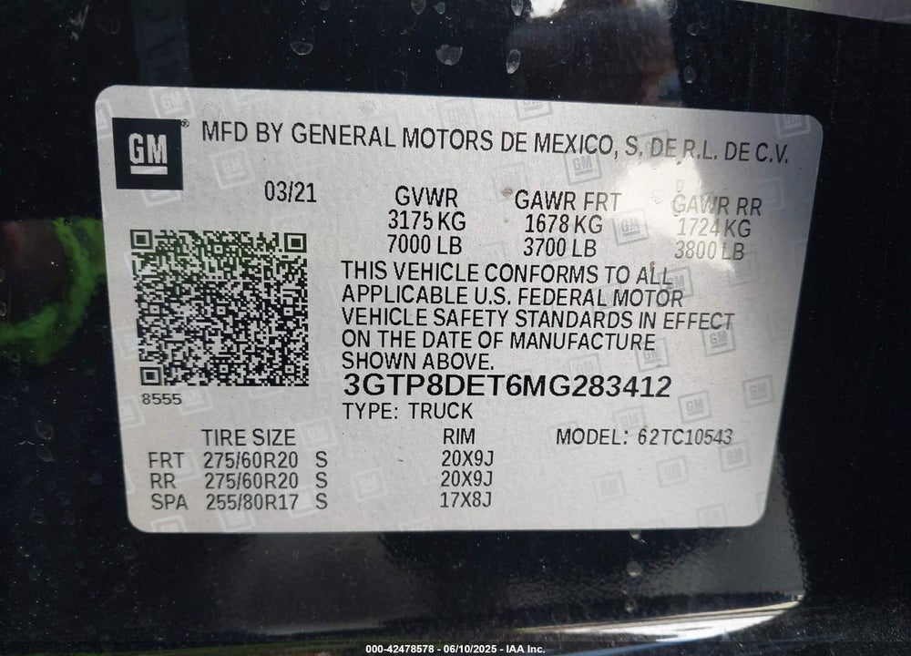 2021 GMC SIERRA 1500 VIN: 3GTP8DET6MG283412