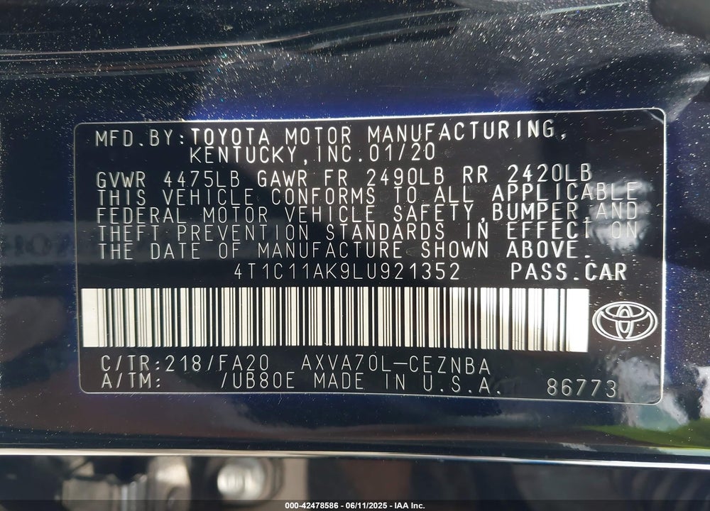 2020 TOYOTA CAMRY VIN: 4T1C11AK9LU921352