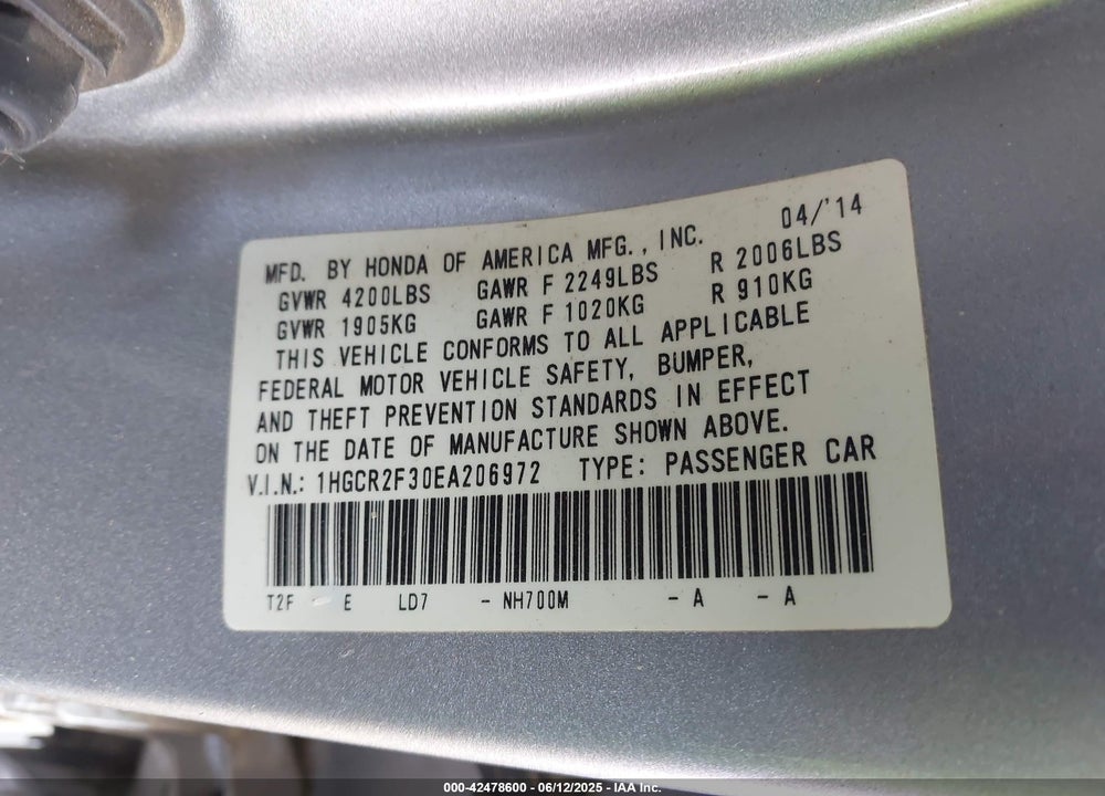 2014 HONDA ACCORD VIN: 1HGCR2F30EA206972
