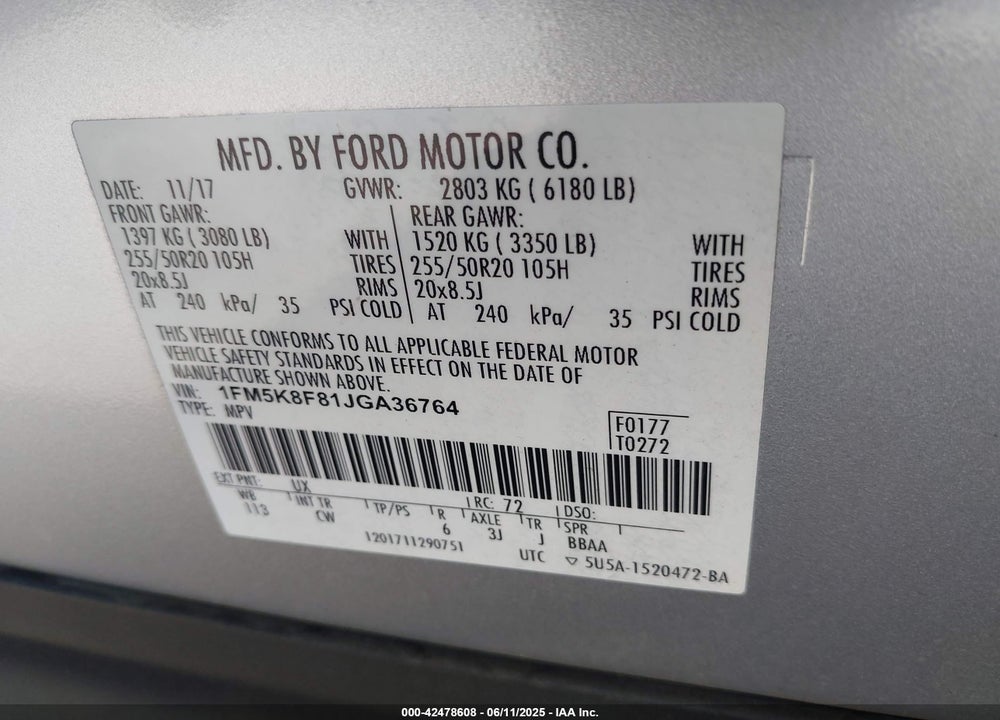 2018 FORD EXPLORER VIN: 1FM5K8F81JGA36764