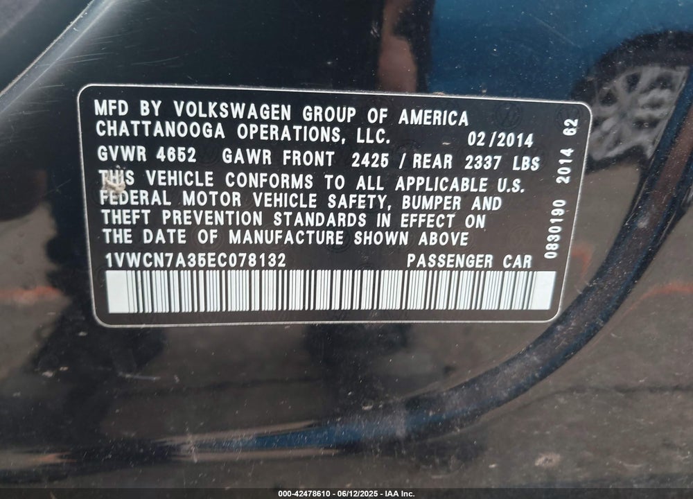 2014 VOLKSWAGEN PASSAT 2.0L TDI SEL PREMIUM VIN: 1VWCN7A35EC078132