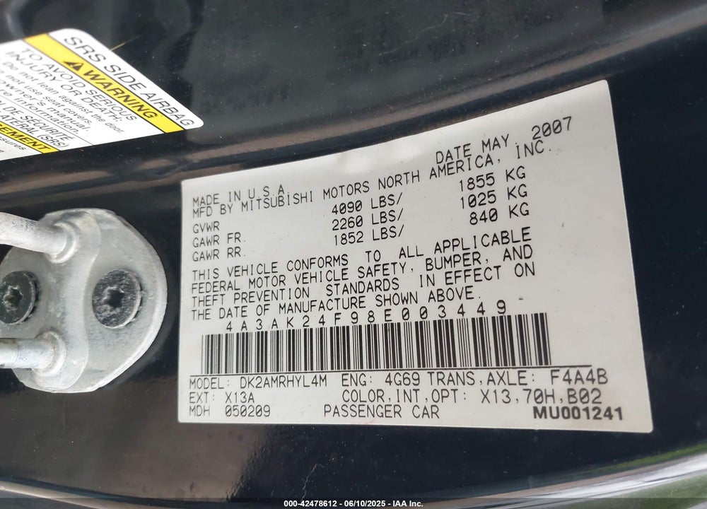 2008 MITSUBISHI ECLIPSE GS VIN: 4A3AK24F98E003449