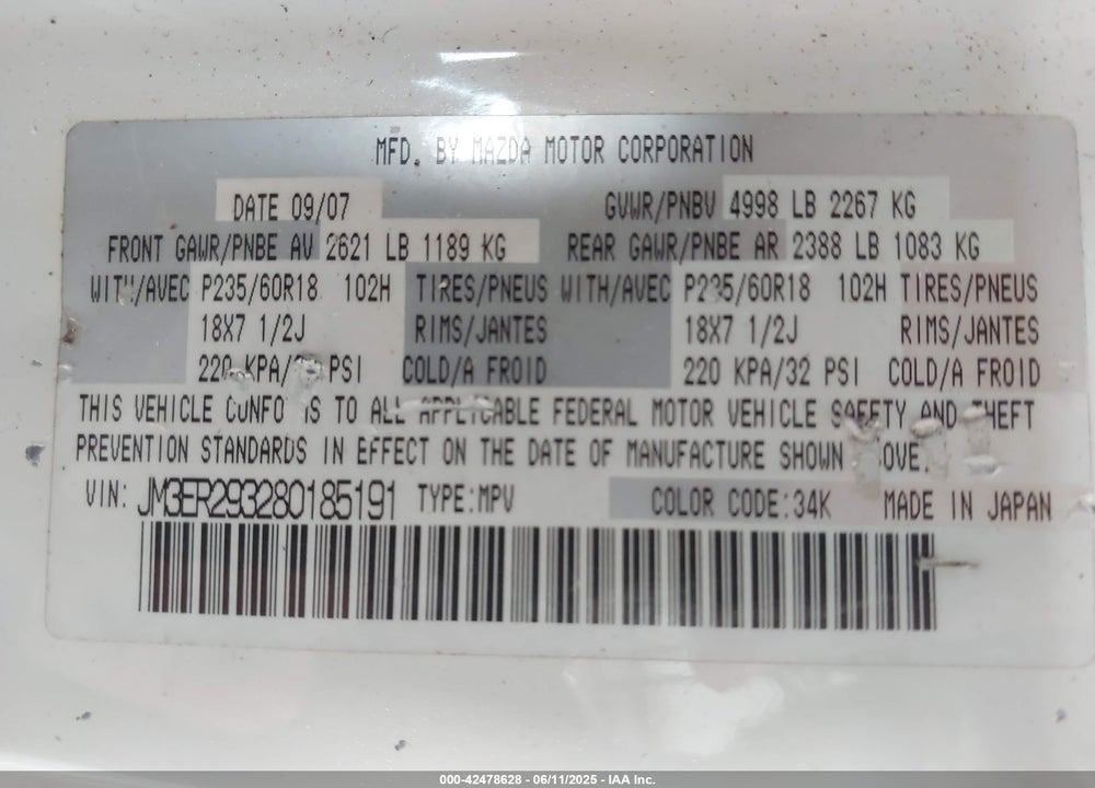2008 MAZDA CX-7 VIN: JM3ER293280185191