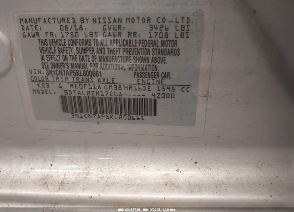 2019 NISSAN VERSA VIN: 3N1CN7AP5KL800661