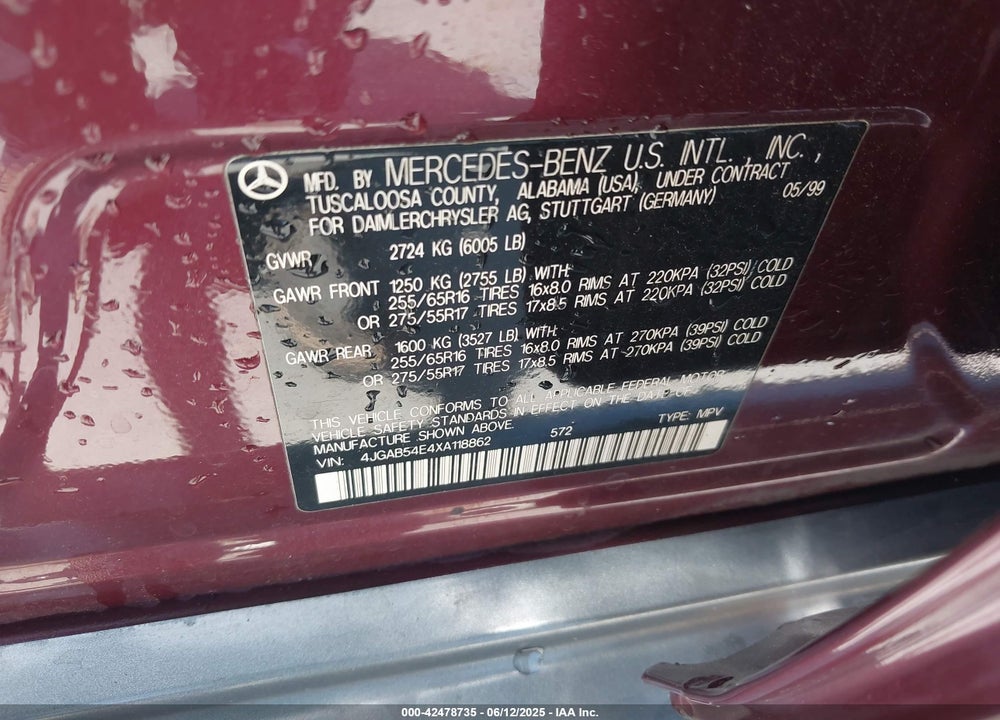 1999 MERCEDES-BENZ ML 320 VIN: 4JGAB54E4XA118862