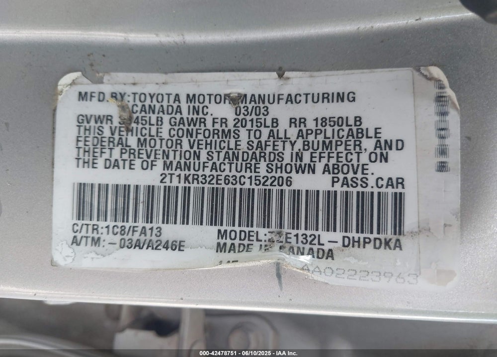 2003 TOYOTA MATRIX STANDARD VIN: 2T1KR32E63C152206