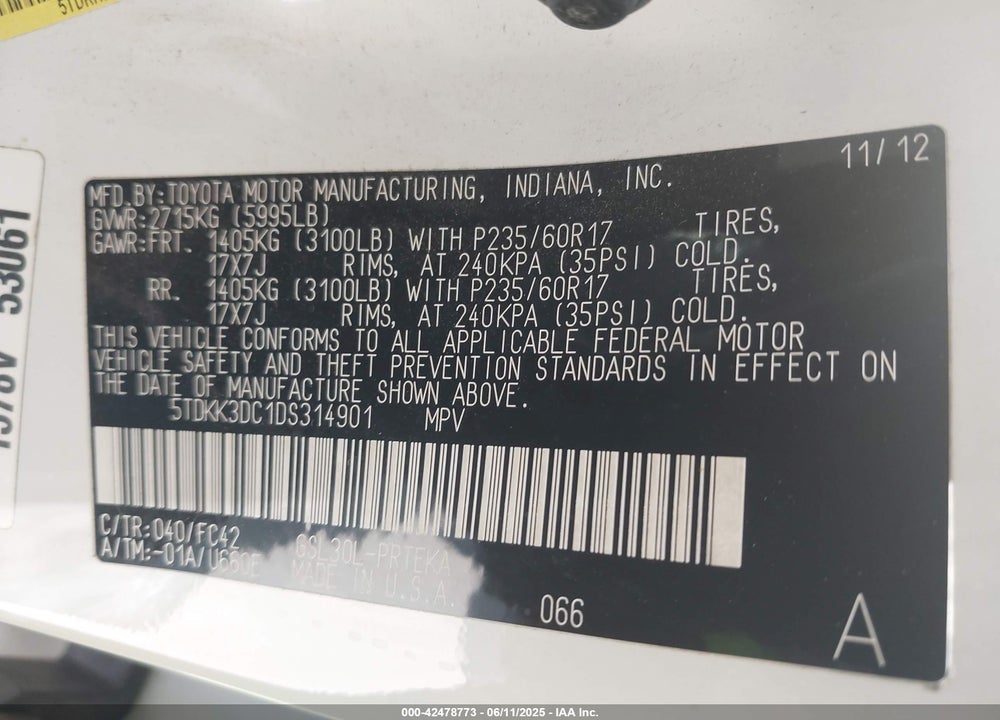 2013 TOYOTA SIENNA LE V6 8 PASSENGER VIN: 5TDKK3DC1DS314901
