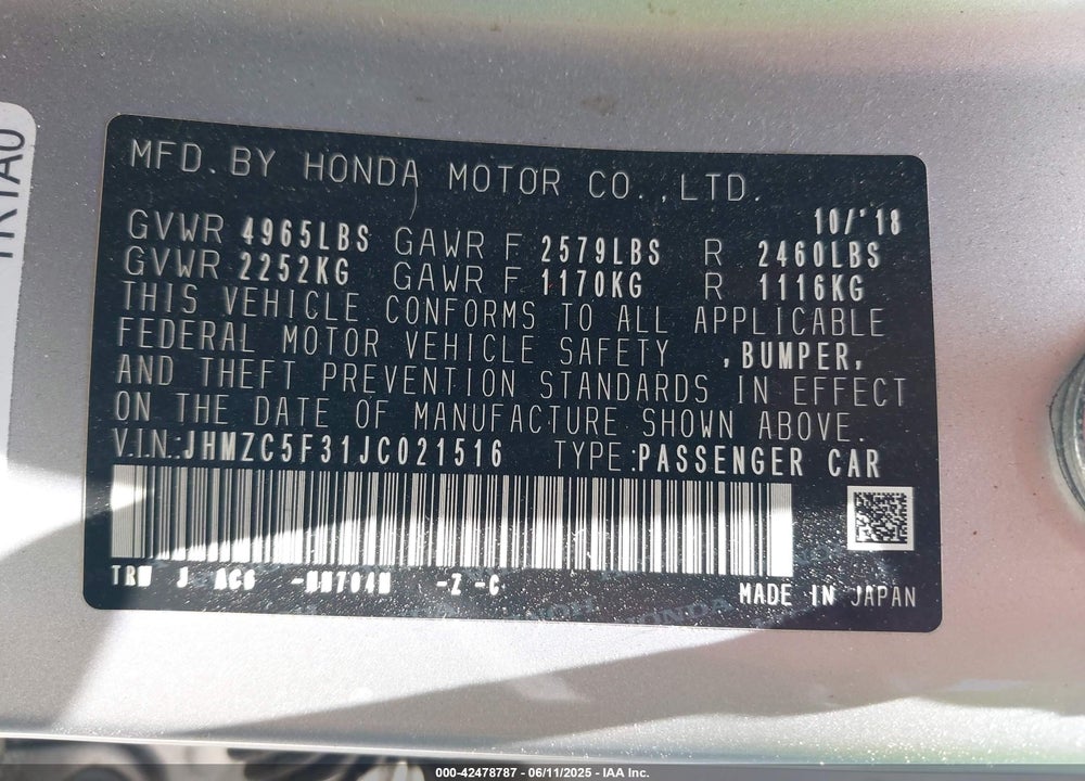 2018 HONDA CLARITY PLUG-IN HYBRID TOURING VIN: JHMZC5F31JC021516