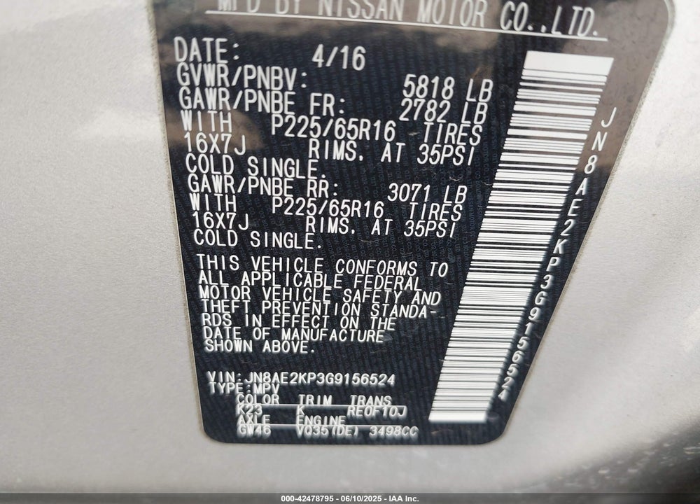2016 NISSAN QUEST PLATINUM/S/SL/SV VIN: JN8AE2KP3G9156524