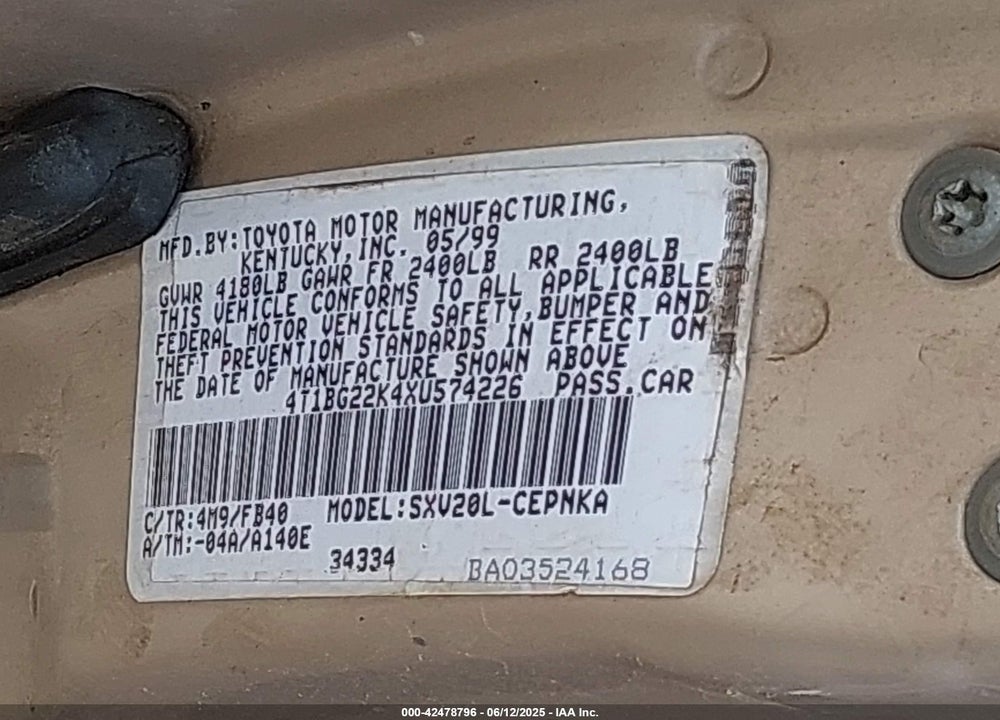 1999 TOYOTA CAMRY LE VIN: 4T1BG22K4XU574226