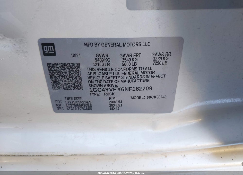 2022 CHEVROLET SILVERADO 3500HD 4WD  STANDARD BED HIGH COUNTRY VIN: 1GC4YVEY6NF162709