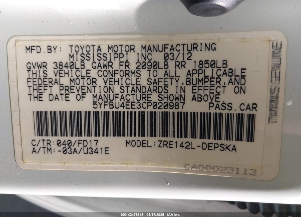 2012 TOYOTA COROLLA VIN: 5YFBU4EE3CP020987