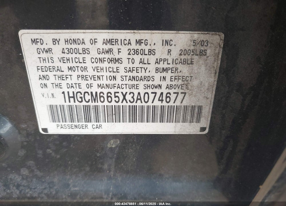 2003 HONDA ACCORD 3.0 EX VIN: 1HGCM665X3A074677