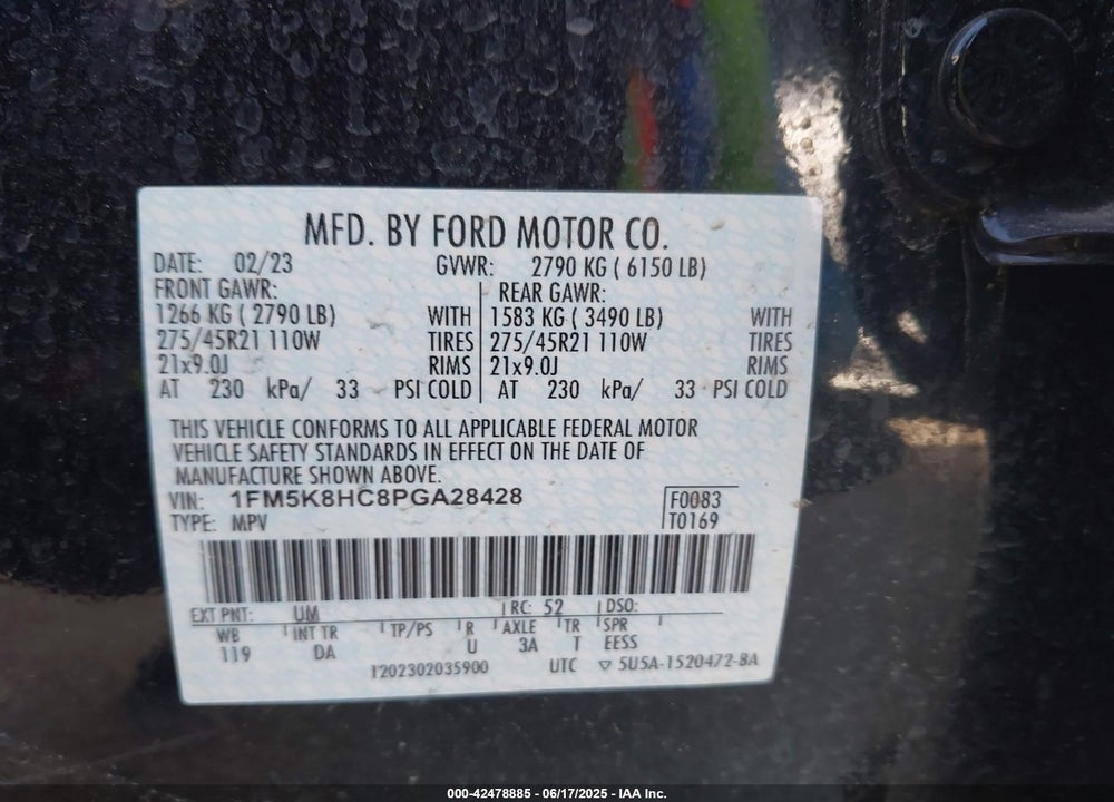 2023 FORD EXPLORER VIN: 1FM5K8HC8PGA28428