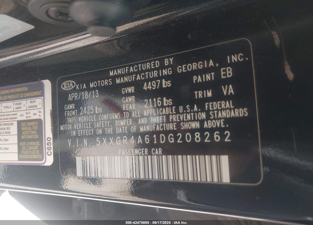 2013 KIA OPTIMA SX VIN: 5XXGR4A61DG208262