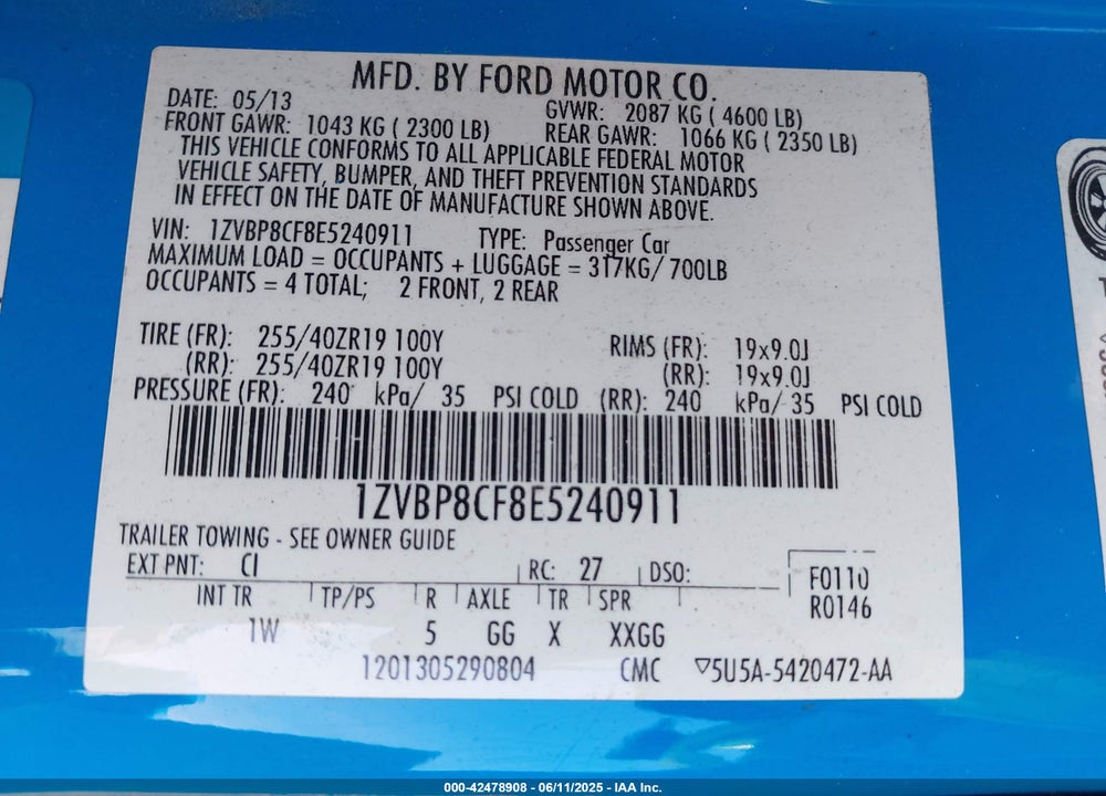 2014 FORD MUSTANG VIN: 1ZVBP8CF8E5240911