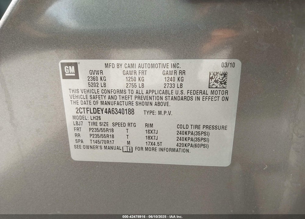 2010 GMC TERRAIN SLE-2 VIN: 2CTFLDEY4A6340188