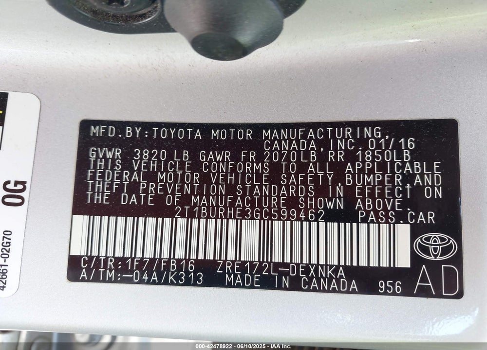 2016 TOYOTA COROLLA LE VIN: 2T1BURHE3GC599462