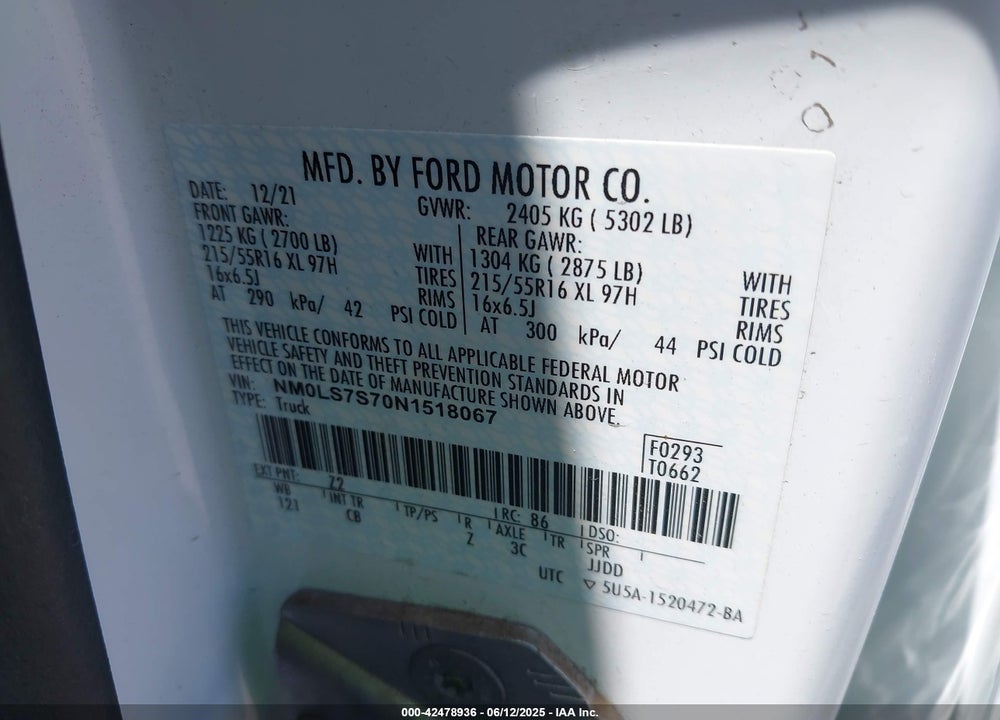 2022 FORD TRANSIT CONNECT XL CARGO VAN VIN: NM0LS7S70N1518067