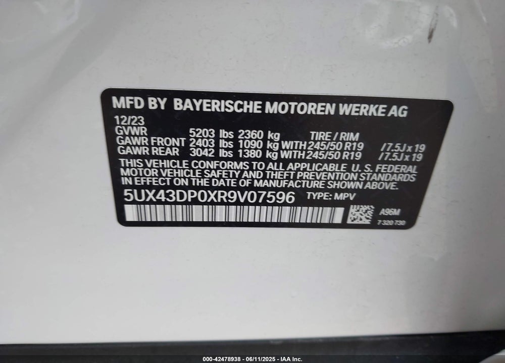 2024 BMW X3 SDRIVE30I VIN: 5UX43DP0XR9V07596