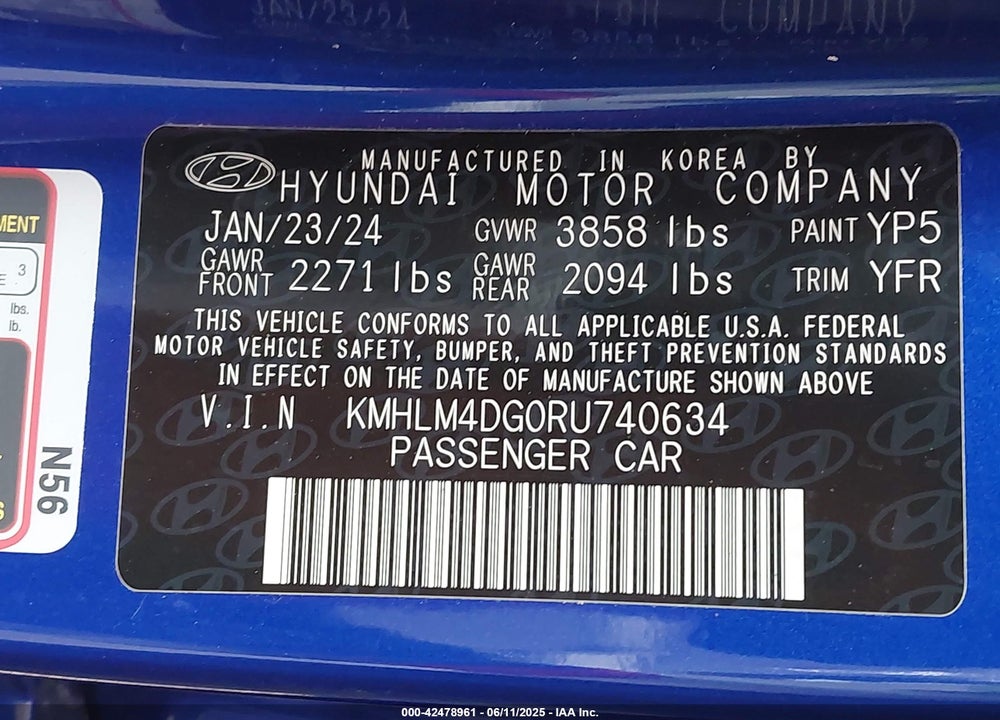 2024 HYUNDAI ELANTRA VIN: KMHLM4DG0RU740634