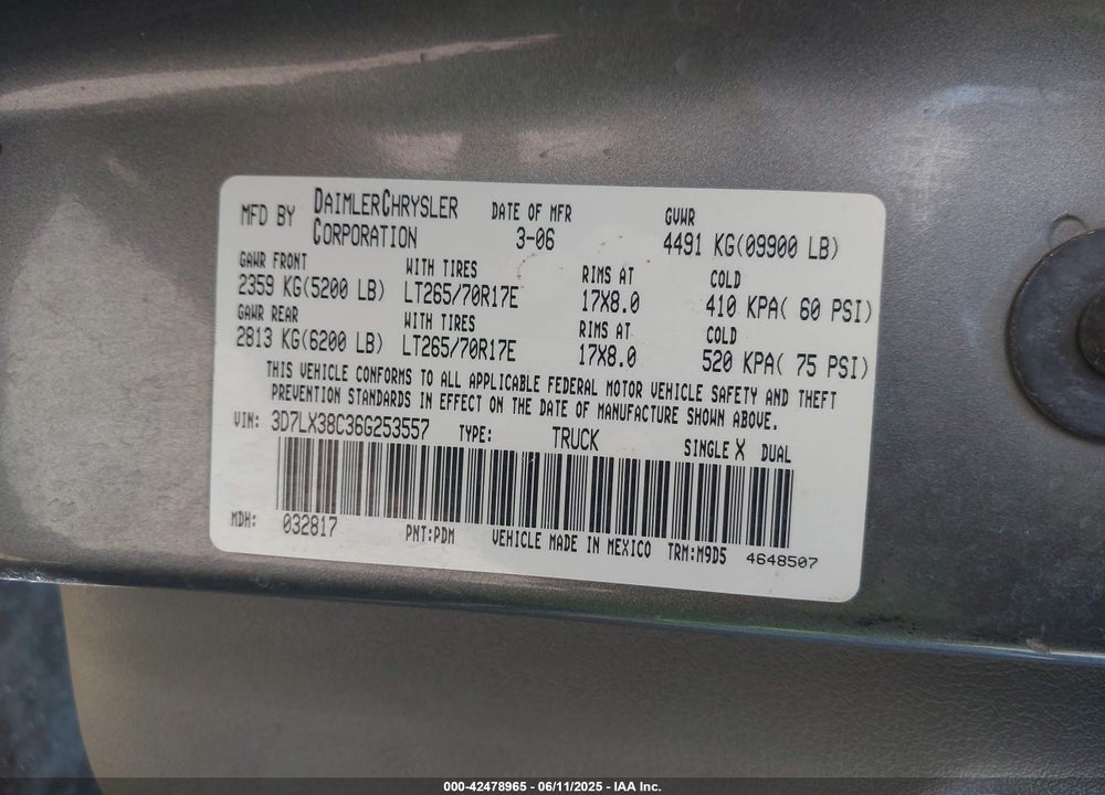 2006 DODGE RAM 3500 SLT/SPORT VIN: 3D7LX38C36G253557