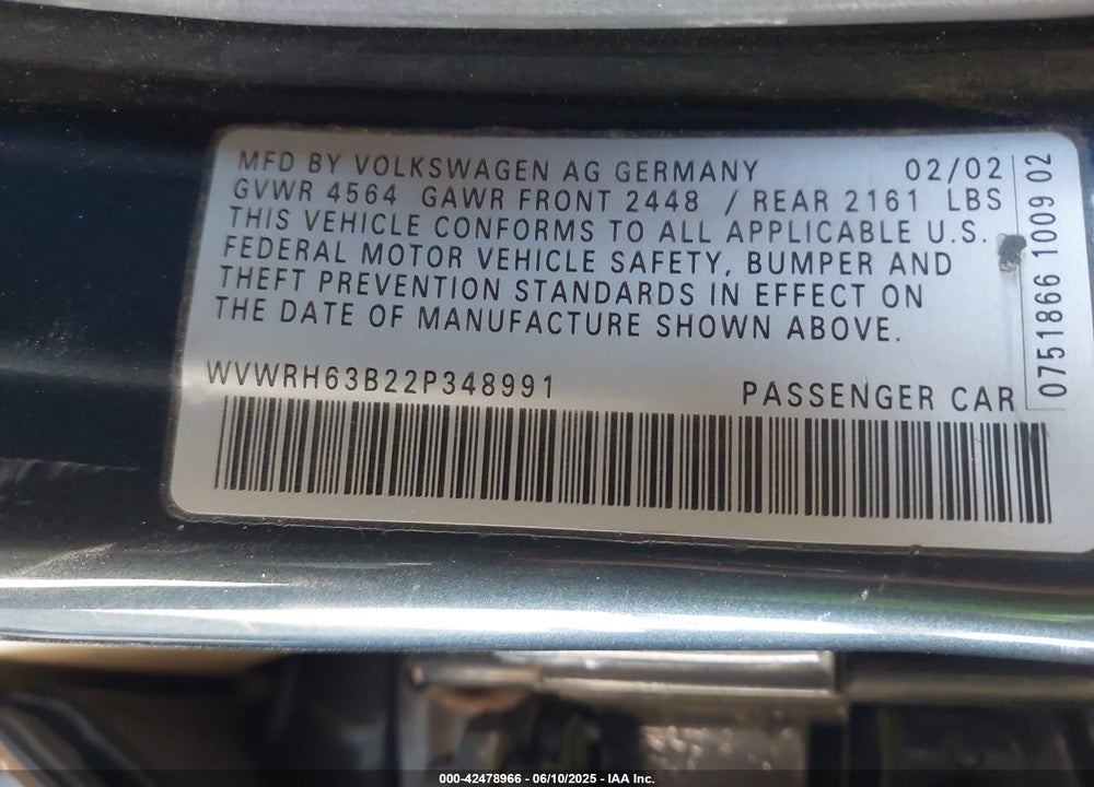 2002 VOLKSWAGEN PASSAT VIN: WVWRH63B22P348991