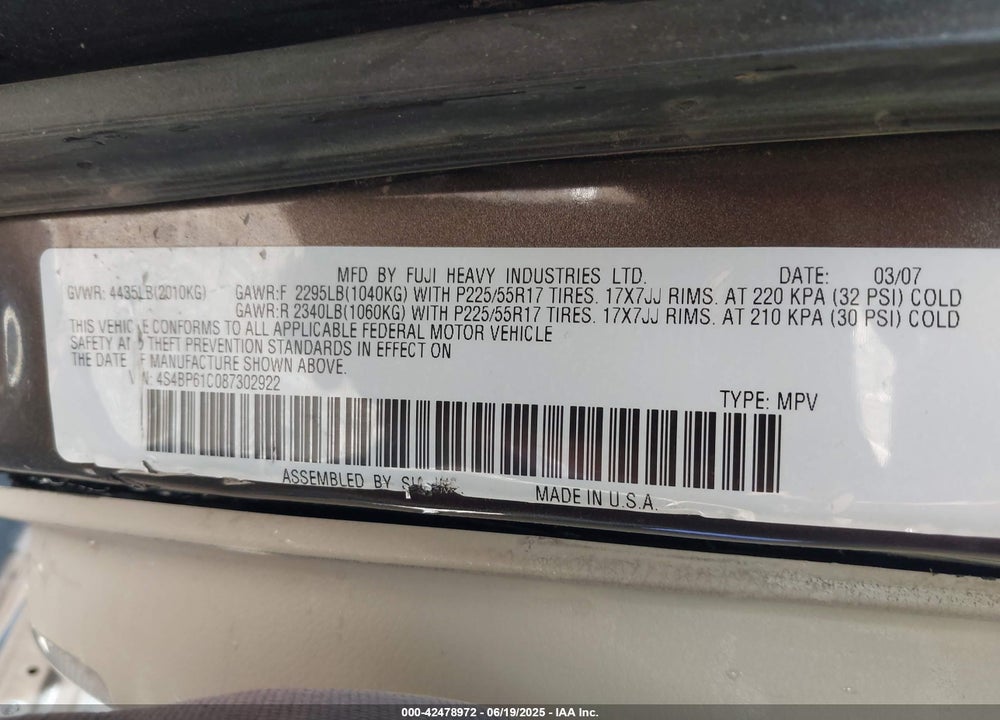 2008 SUBARU OUTBACK 2.5I/2.5I L.L. BEAN EDITION VIN: 4S4BP61C087302922