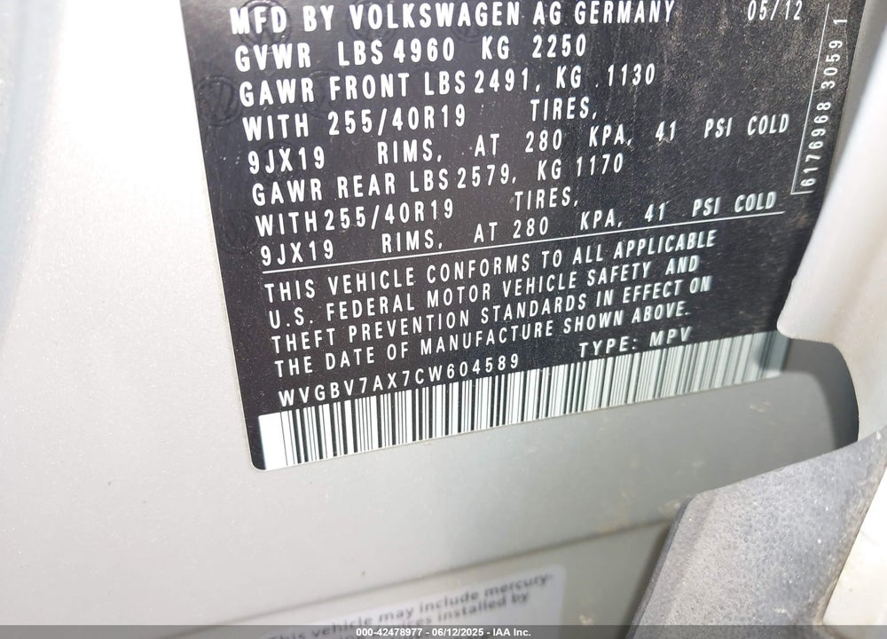 2012 VOLKSWAGEN TIGUAN VIN: WVGBV7AX7CW604589