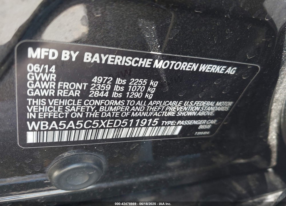 2014 BMW 5 SERIES VIN: WBA5A5C5XED511915