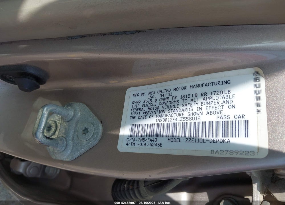 2001 TOYOTA COROLLA LE VIN: 1NXBR12E41Z558016
