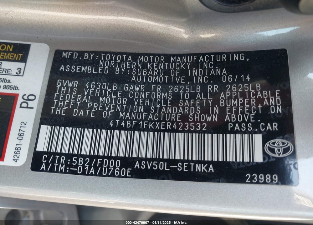 2014 TOYOTA CAMRY VIN: 4T4BF1FKXER423532