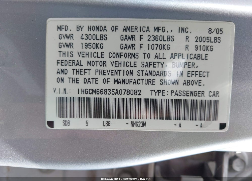 2005 HONDA ACCORD VIN: 1HGCM66835A078082
