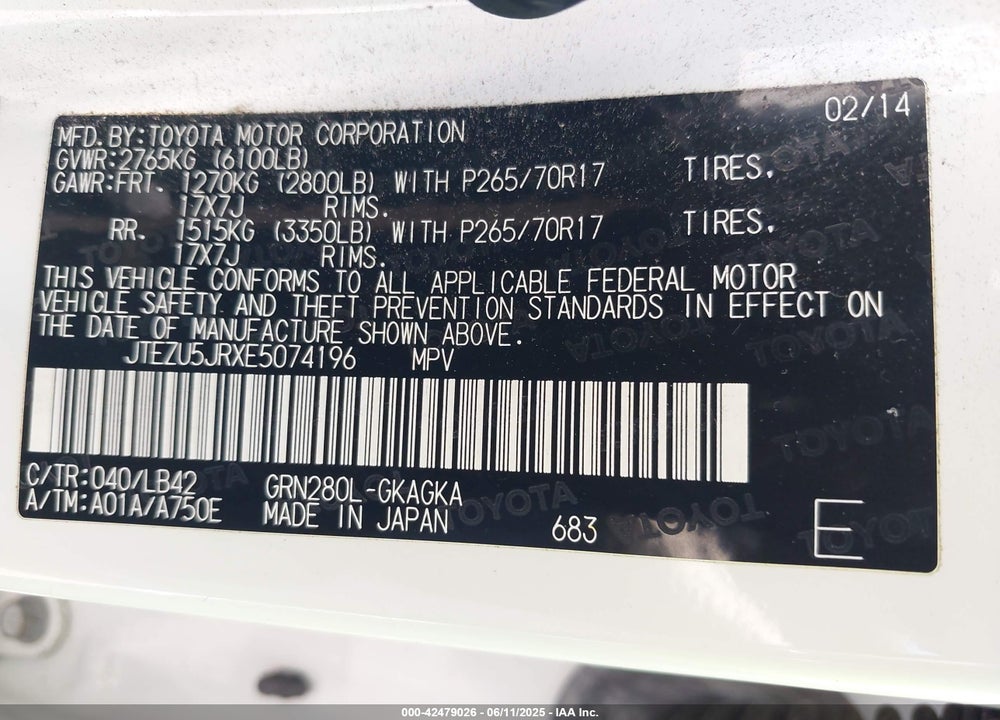 2014 TOYOTA 4RUNNER VIN: JTEZU5JRXE5074196