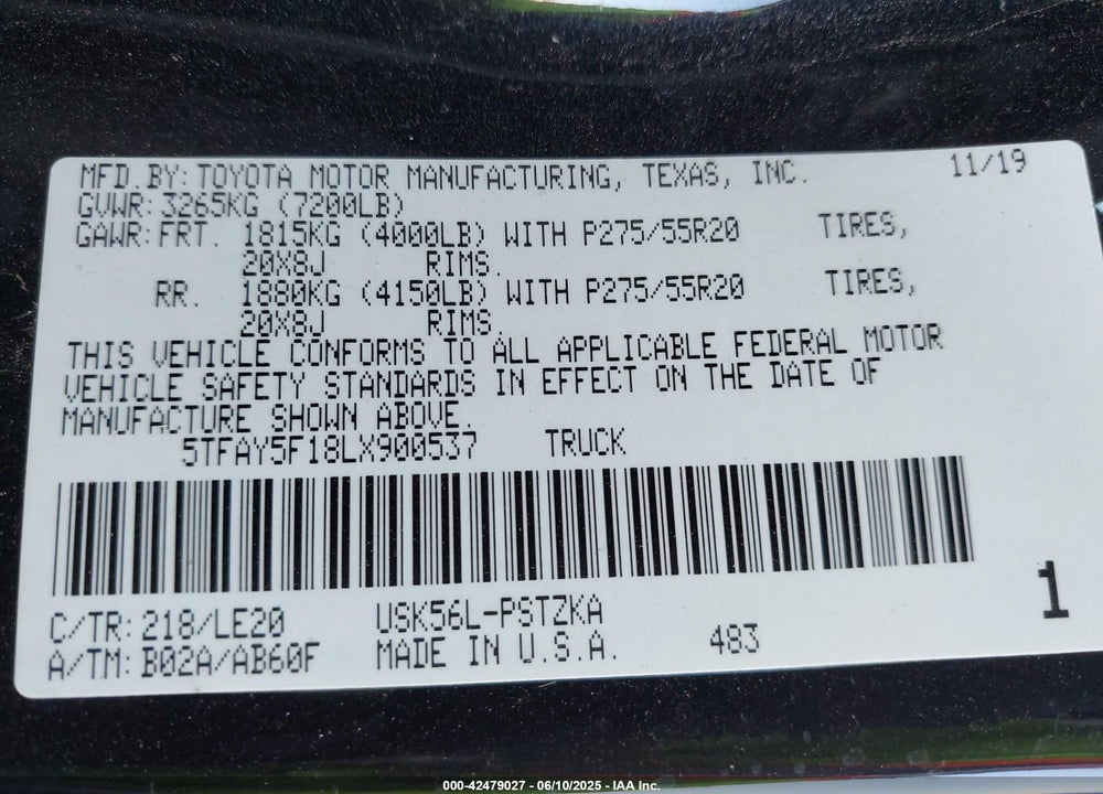 2020 TOYOTA TUNDRA VIN: 5TFAY5F18LX900537