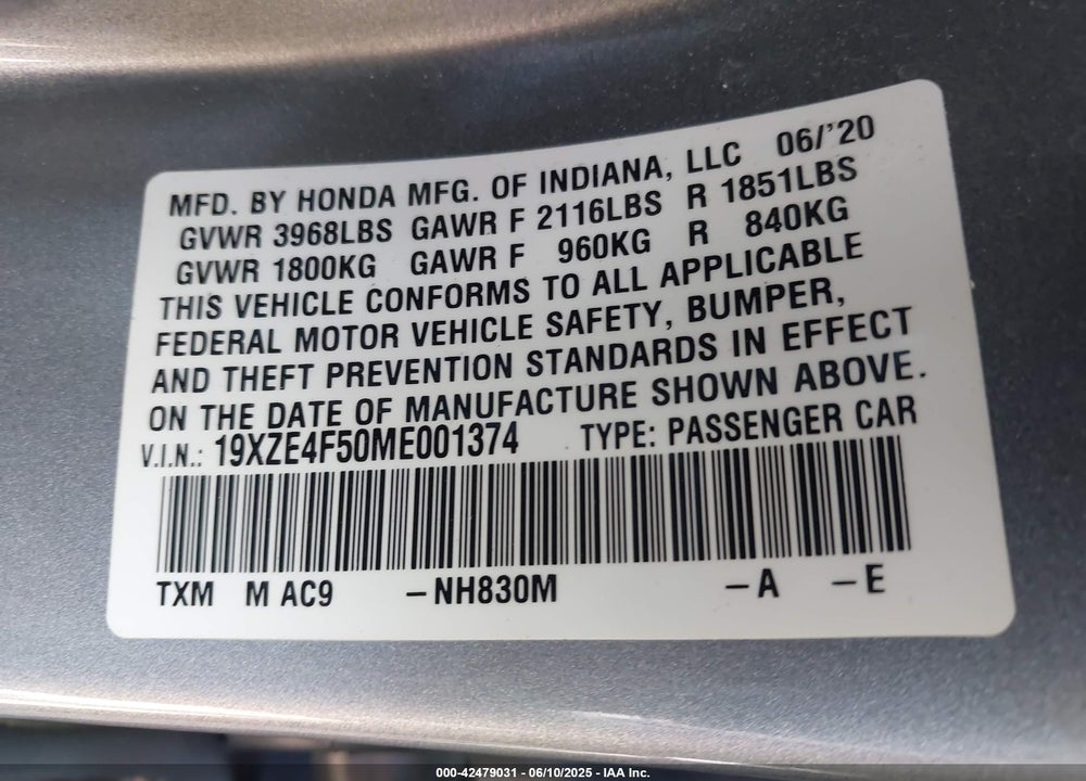 2021 HONDA INSIGHT VIN: 19XZE4F50ME001374