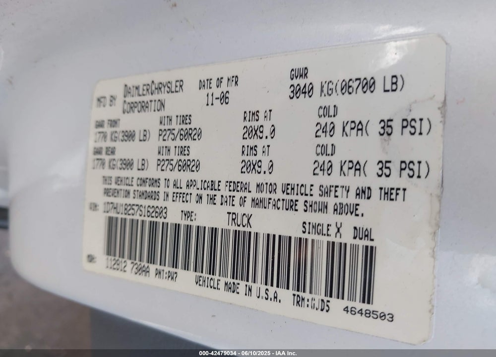 2007 DODGE RAM 1500 LARAMIE VIN: 1D7HU18257S162603