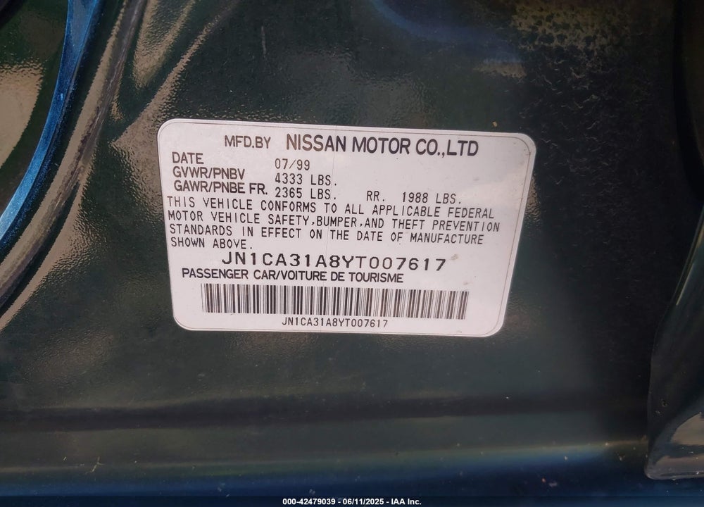 2000 NISSAN MAXIMA VIN: JN1CA31A8YT007617