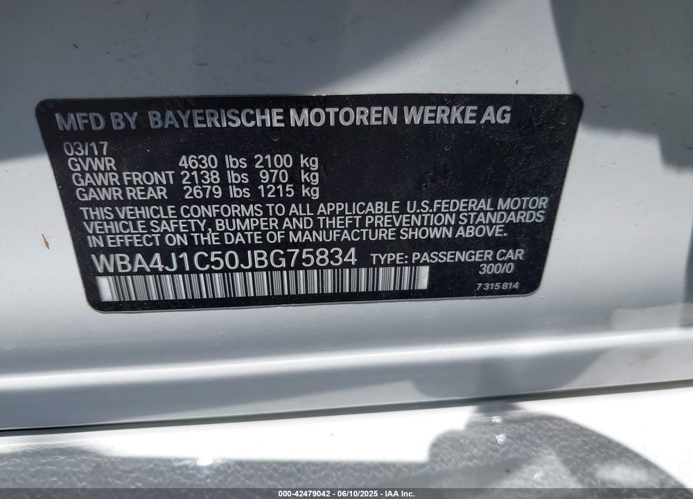 2018 BMW 4 SERIES VIN: WBA4J1C50JBG75834