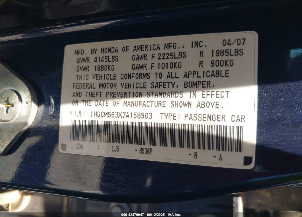 2007 HONDA ACCORD VIN: 1HGCM563X7A158903