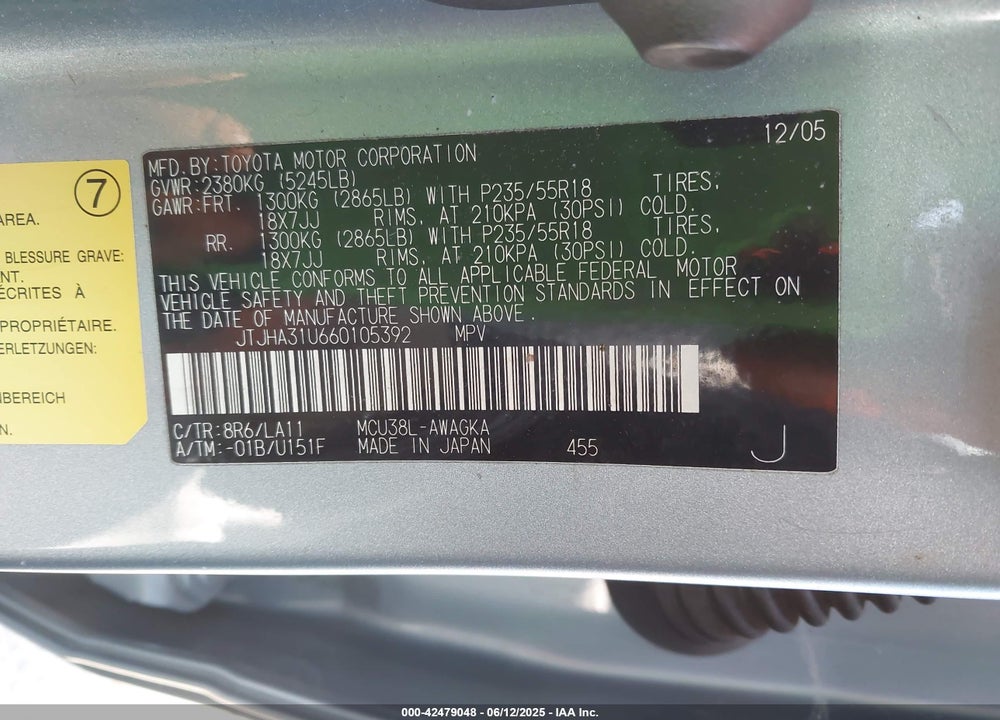 2006 LEXUS RX 330 VIN: JTJHA31U660105392