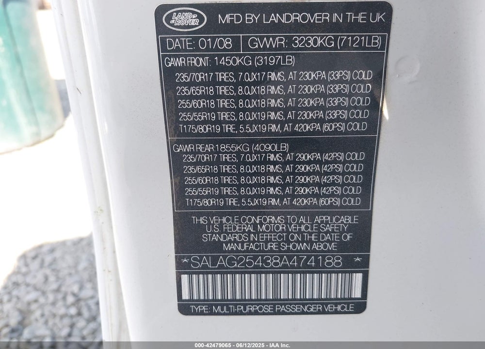 2008 LAND ROVER LR3 V8 HSE VIN: SALAG25438A474188