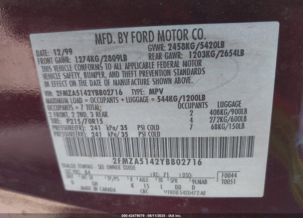 2000 FORD WINDSTAR LX VIN: 2FMZA5142YBB02716