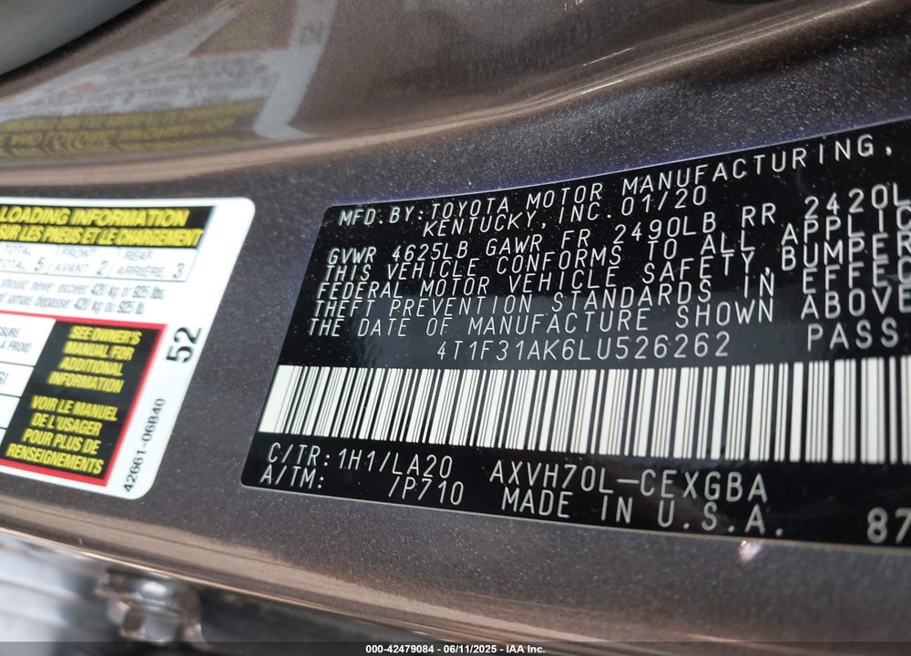 2020 TOYOTA CAMRY VIN: 4T1F31AK6LU526262