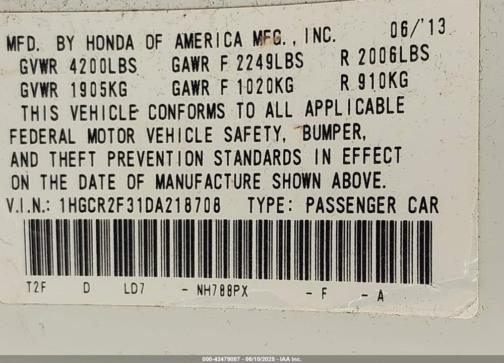 2013 HONDA ACCORD LX VIN: 1HGCR2F31DA218708