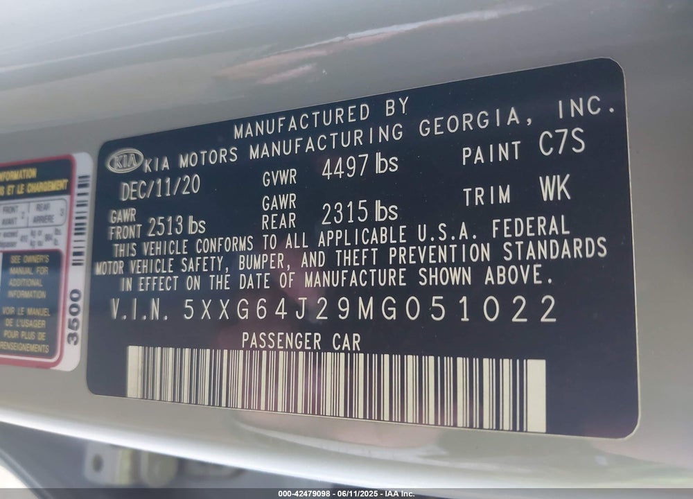 2021 KIA K5 VIN: 5XXG64J29MG051022